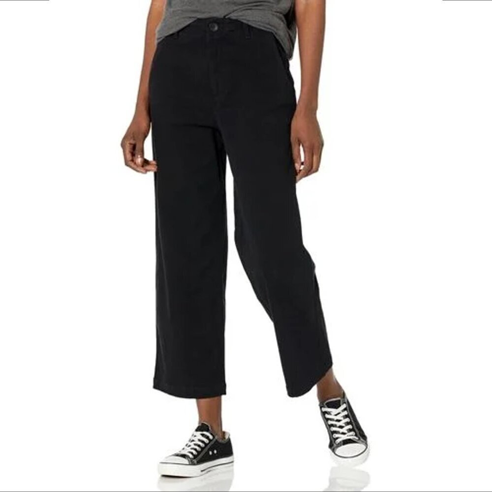 Monrow wide leg chino pants cropped straight black high rise cotton new Large